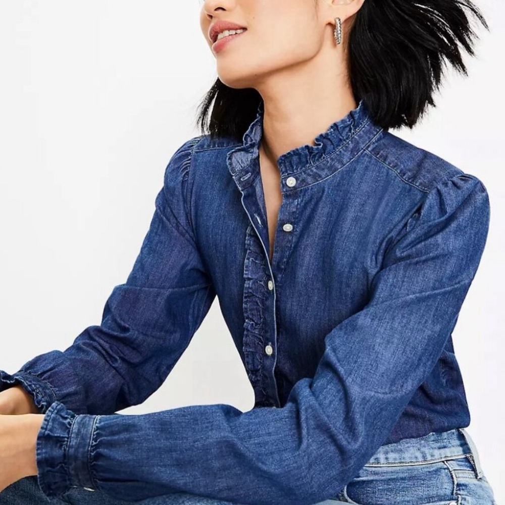 LOFT Ruffled Denim Button-Up Blouse - Blue - Picture 2 of 7
